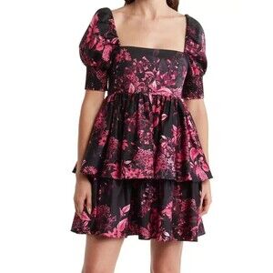 ALICE + OLIVIA Emmalou Floral Tiered Stretch DRESS Size 2 $440 WILD PINK new